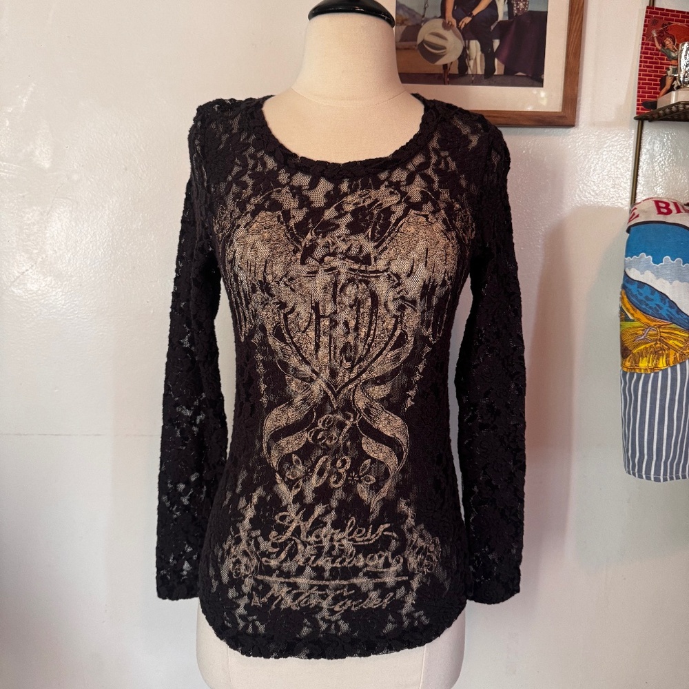 Harley Davidson Grey Lace Long Sleeve Top